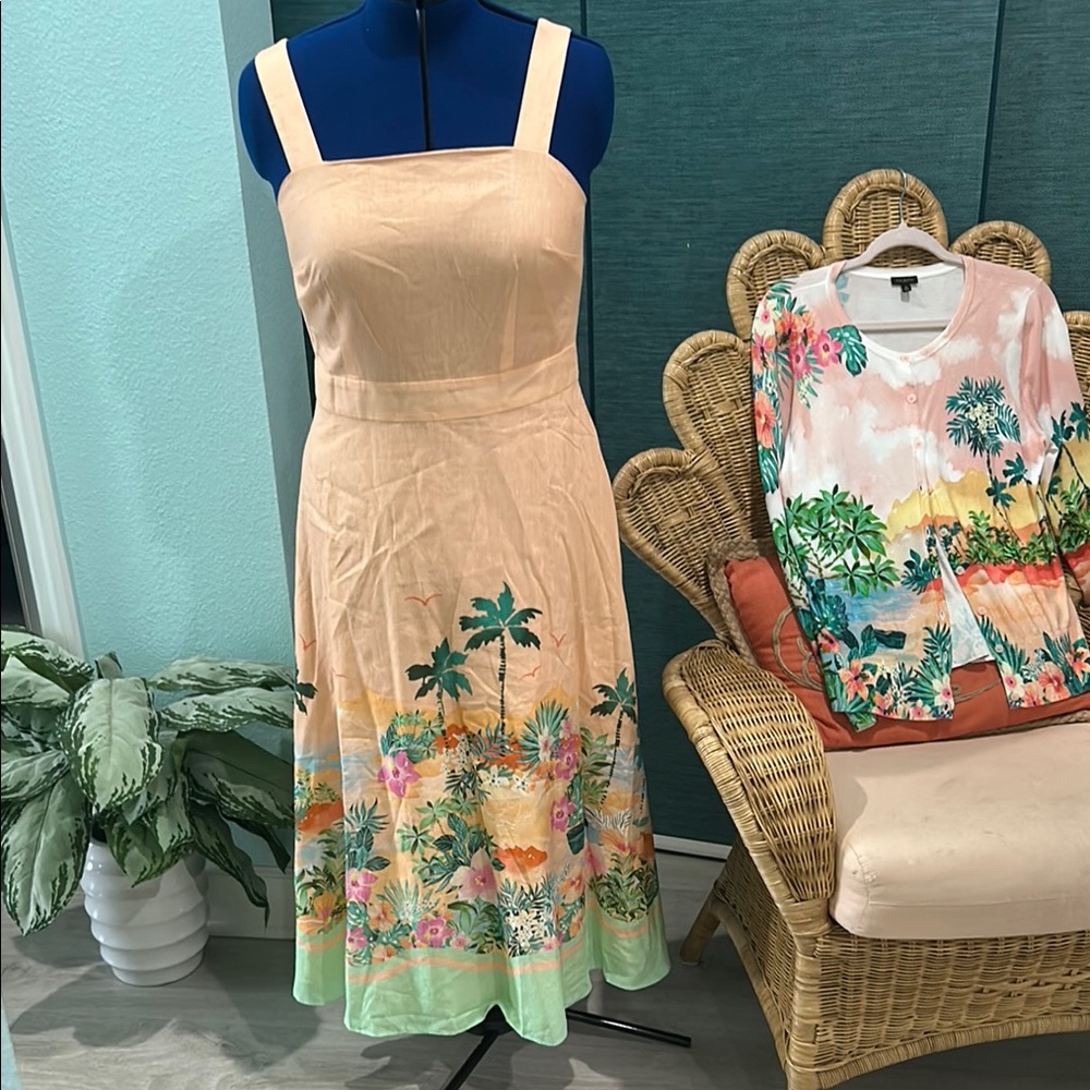 Talbots Resort Tan and Green Sleeveless Midi Dress